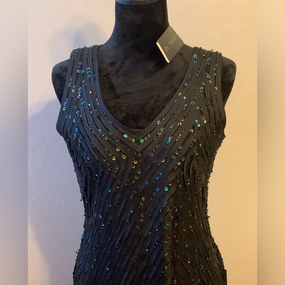 Hong Ni black sequined fringed cocktail dress, v-neck. New w/tags. Beautiful. - Picture 2 of 14